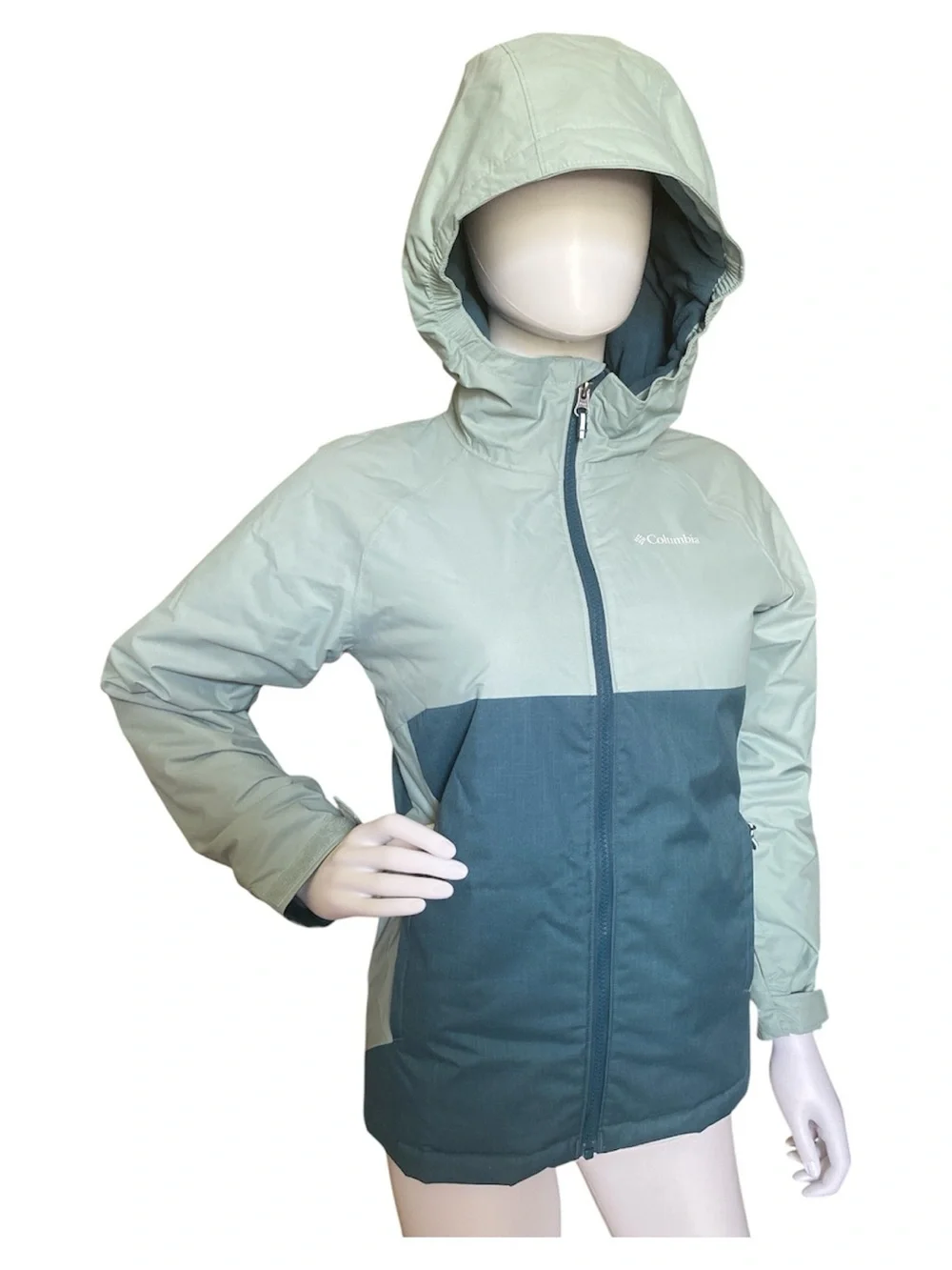 Columbia Kids Two-Tone Mint and Teal Hooded Rain Jacket